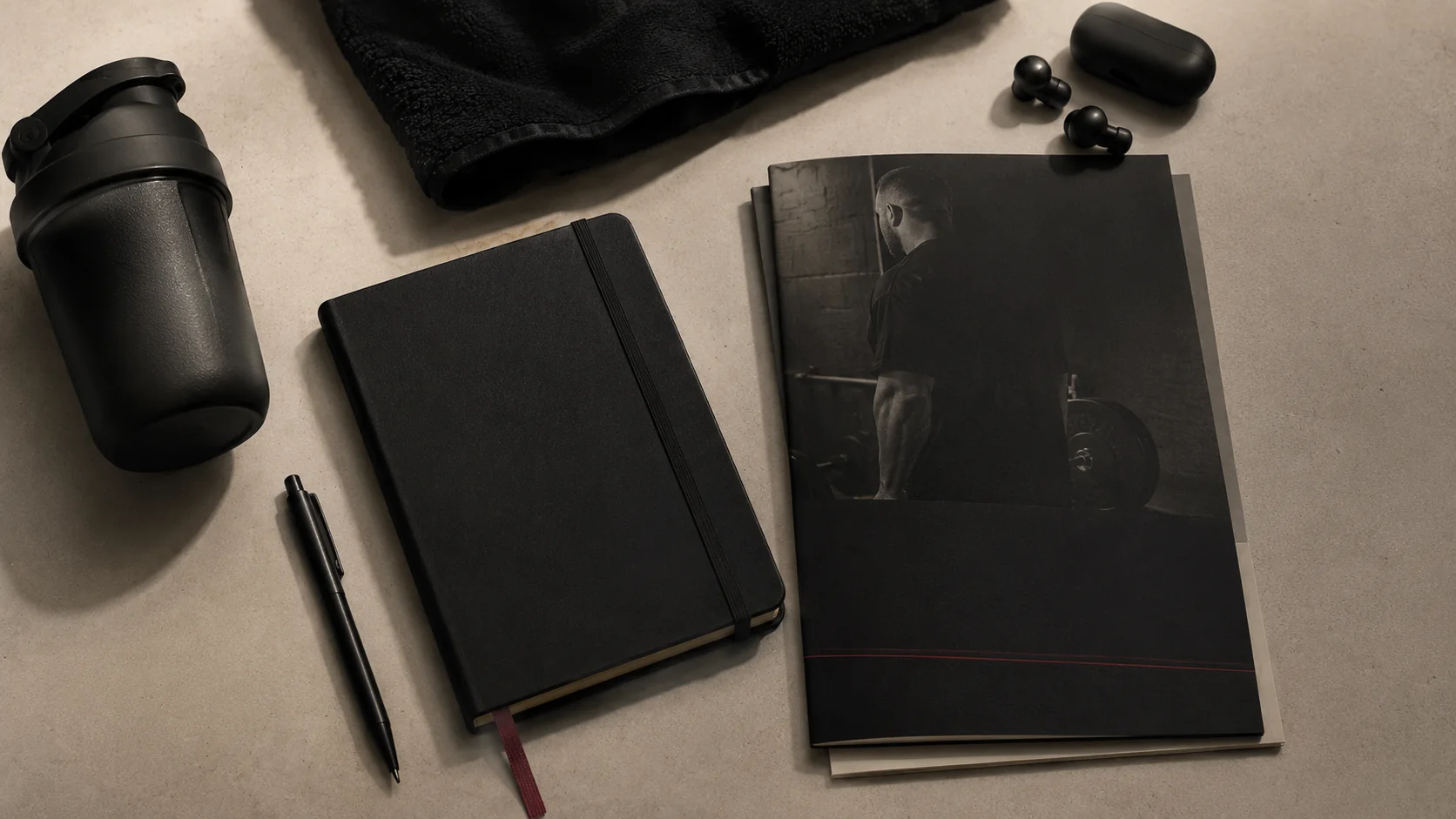 FLEKS journal and gym flat lay for The Rebuild