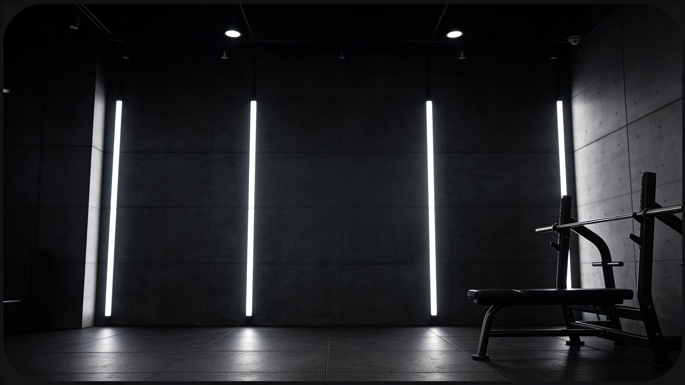 Dark gym bench and station setup for The Station Method
